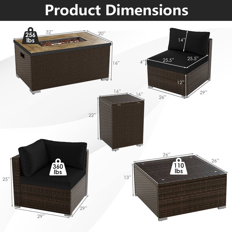 Gymax Set Of 7 Furniture Set w/32'' Fire Pit Table & Propane Tank