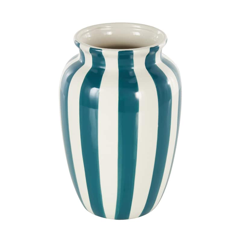 Ceramic Round Wide Decorative Vase with Yellow or Teal Vertical Stripes - White - Roche River Decor