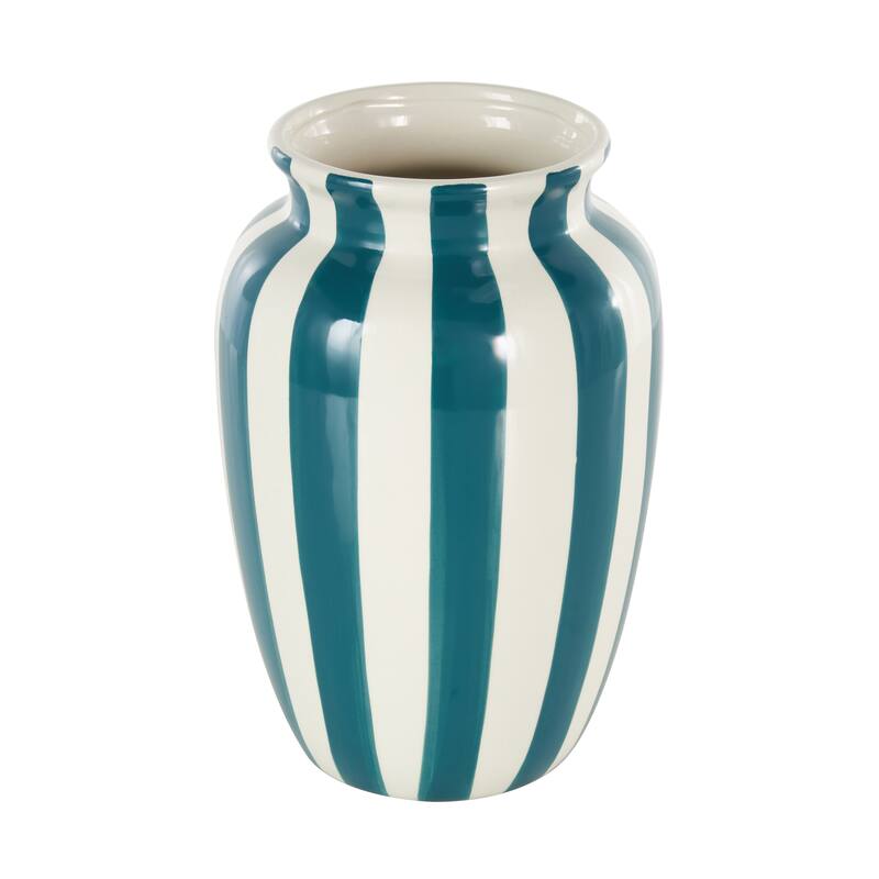 White Ceramic Round Wide Decorative Vase with Yellow or Teal Vertical Stripes