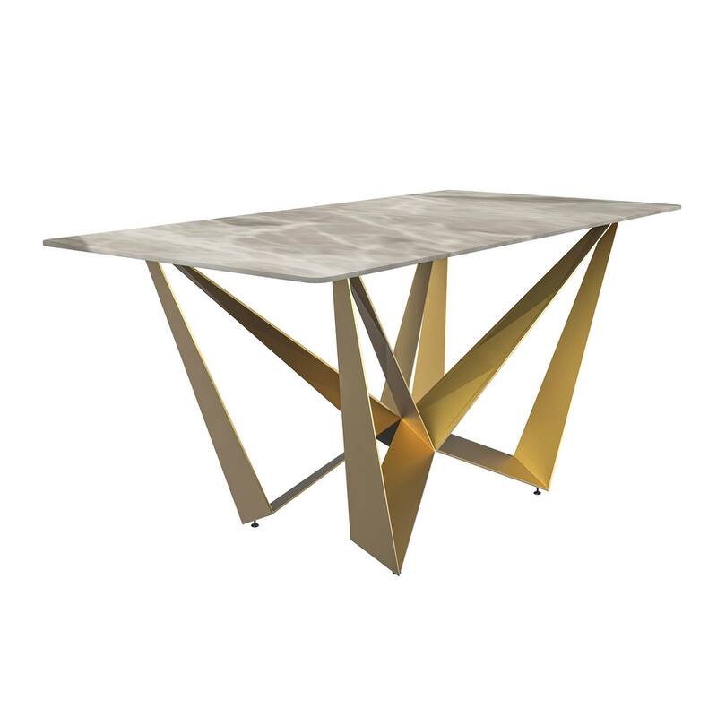 Nuvor Rectangular Sintered Stone or Glass Tabletop Dining Table with Powder-Coated Gold Steel Base for Kitchens & Dining Rooms - 62 Inch - Deep Grey