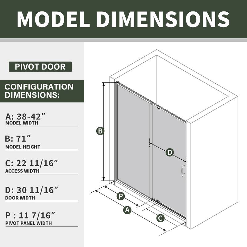 Modland 38''W - 42''W x 71''H Pivot Frame Sliding Shower Door with 1/4"(6mm) Clear SGCC Tempered Glass, Black/Nickel