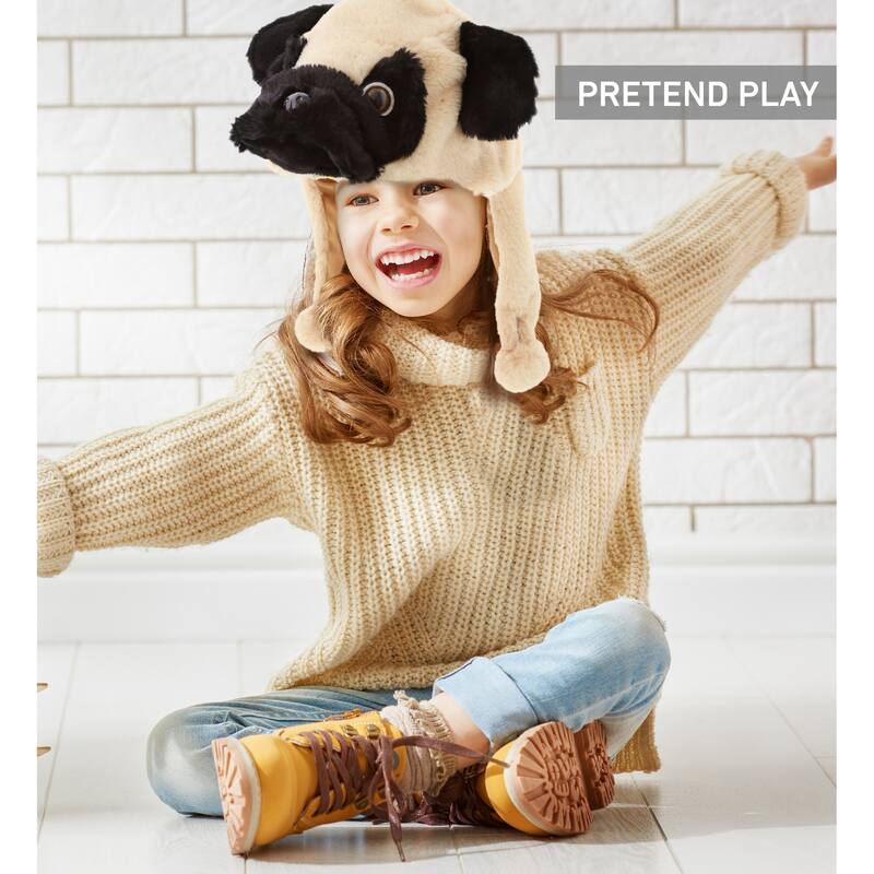 DolliBu Farm Plush Hats Set of 4 – Bunny, Wolf, Pug Dog, Pig Warm Hat - One Size