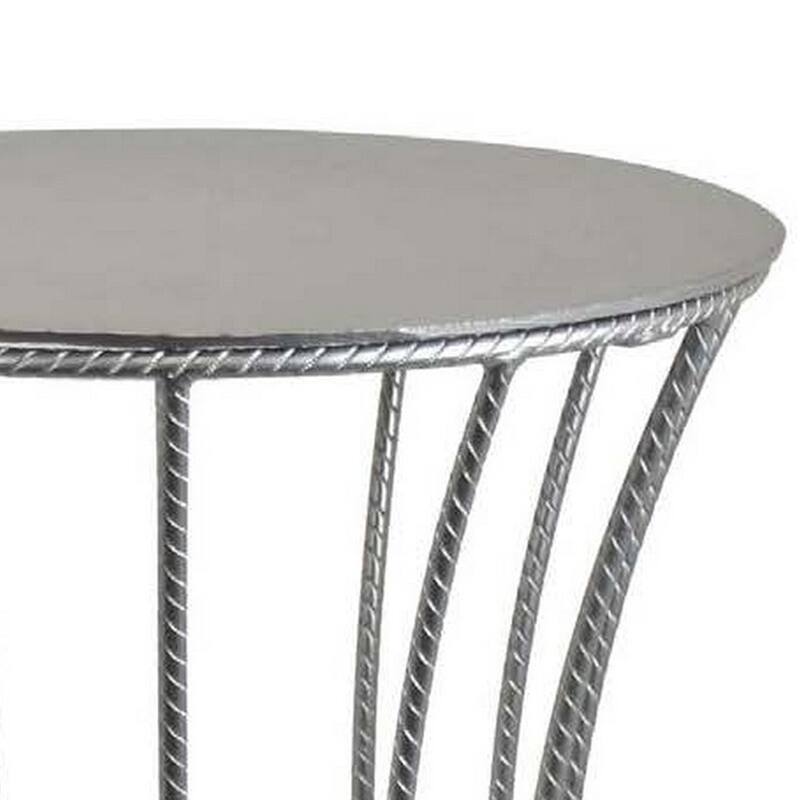 Ema 21 Inch Plant Stand, Round Top, Slatted Geometric Frame, Silver Finish
