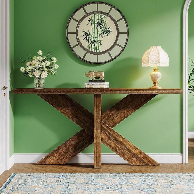 Rustic Brown 70.9" Farmhouse Console Table with Geometric Base – Entryway, Hallway or Sofa Table - 70.9" x 11.81" x 33.46"