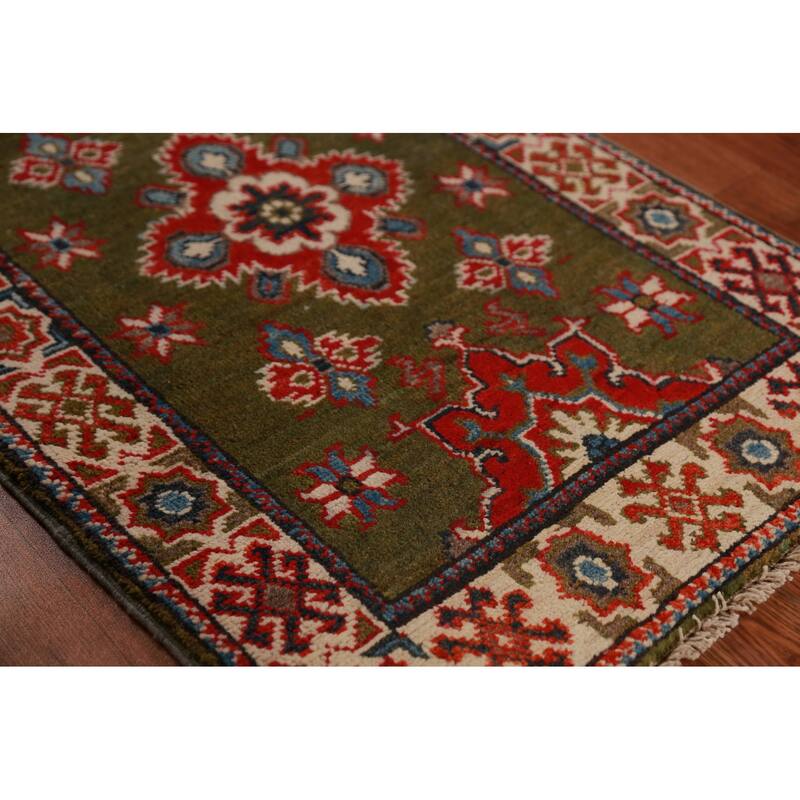 Green Kazak Oriental Foyer Rug Geometric Hand-Knotted Wool Carpet - 2'0"x 3'0"