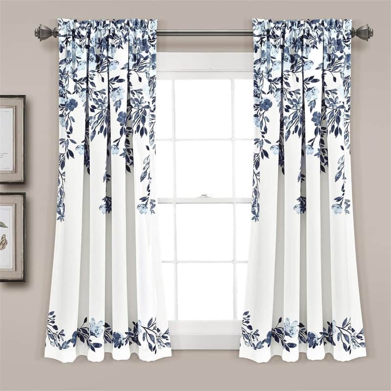 Navy Floral Curtains 52x63" Vine