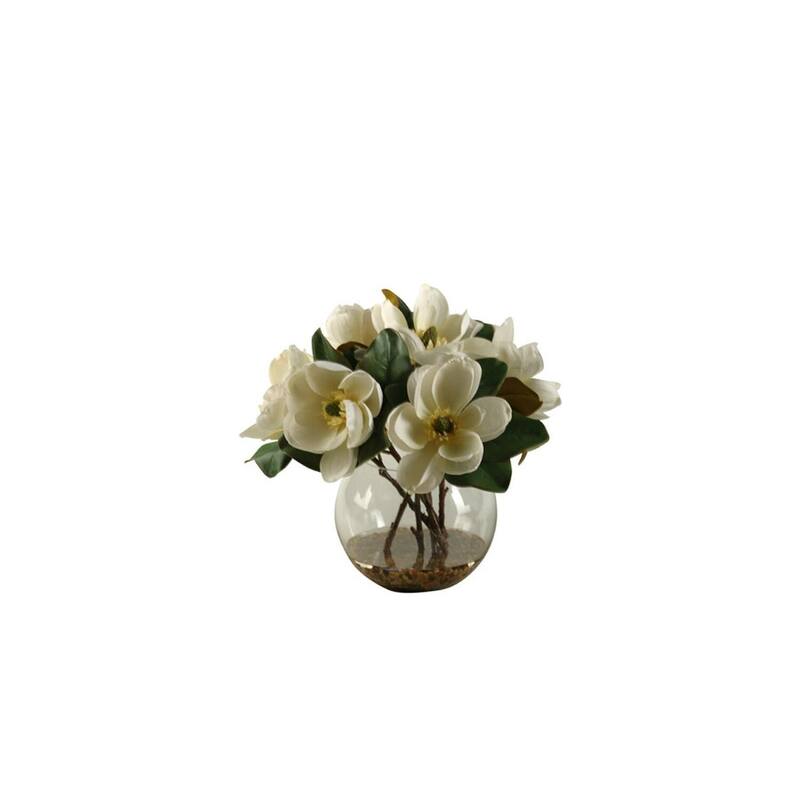 HomeStock Cream Magnolias in Clear Glass Bubble Bowl - Timeless Faux Floral Centerpiece for Living Rooms - 18