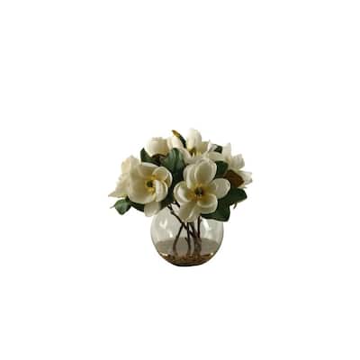 HomeStock Cream Magnolias in Clear Glass Bubble Bowl - Timeless Faux Floral Centerpiece for Living Rooms - 18