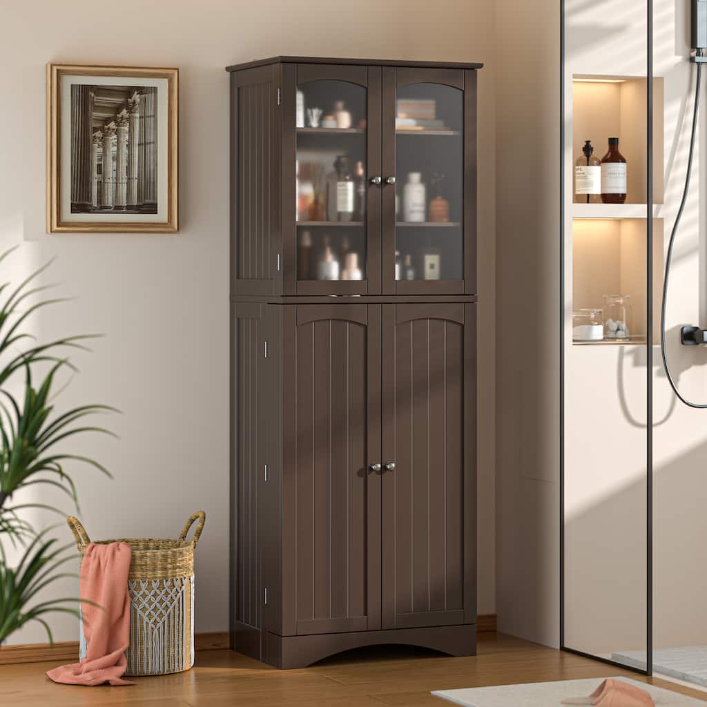 64" Kitchen Pantry Cabinet, Tall Storage Cabinet with Glass Doors and Adjustable Shelves