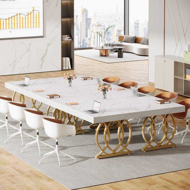 5FT Conference Table, Modern Meeting Table with Gold Metal Farme, White and Gold - 63" L x 31.5" W x 29.5" H