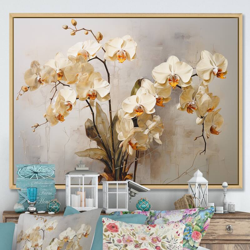 Designart "Minimalism Orchid Blossoms In Delicate Abstraction" Orchids Framed Wall Decor - 32 in. wide x 24 in. high - Maple