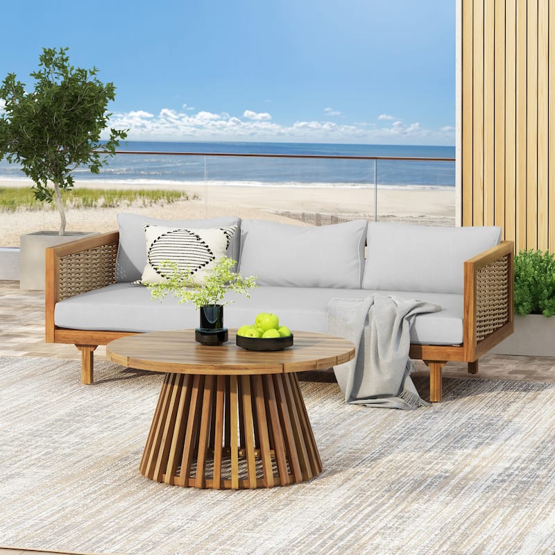 Christopher Knight Home - Claremont 3-Seater Daybed + Acacia Wood Table Patio Furniture Set - Light Gray Cushion+Mix Brown Wicker