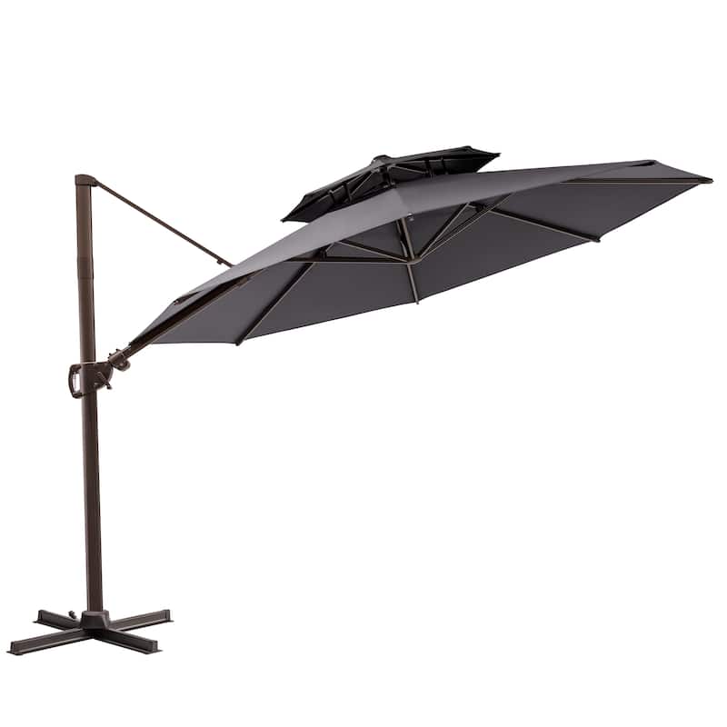11 ft Outdoor Aluminum Dual Top Solar Powered LED Lighted Patio Cantilever Umbrella and Weighted Base
