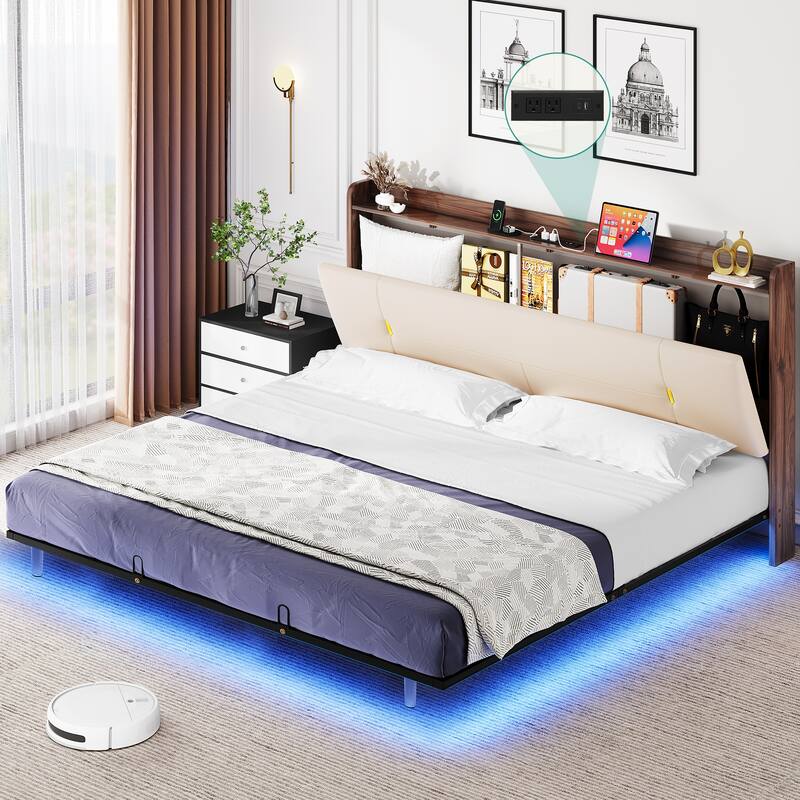 Moasis Floating Bed Frame with LED Lights PU Upholstered Platform Bed Frames - Beige - King