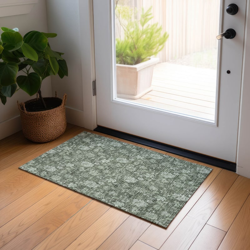 Machine Washable Indoor/ Outdoor Chantille Floral Farmhouse Rug - Olive - 1'8" x 2'6"