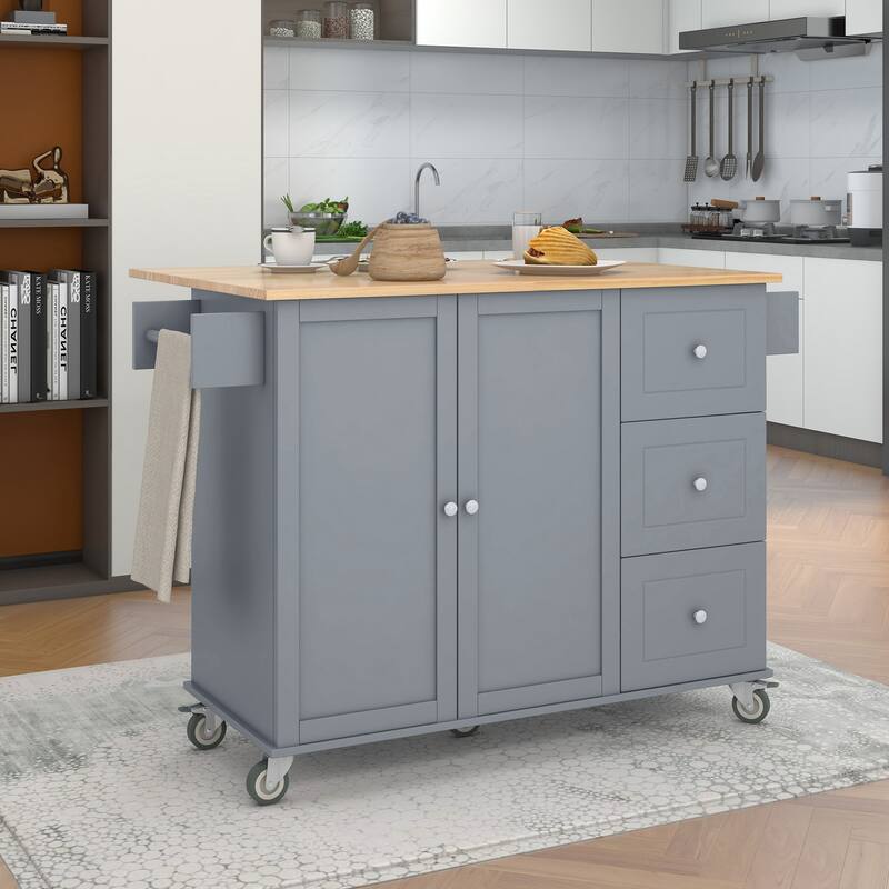 52.76'' Solid wood Kitchen Island with Locking Wheels, Drop Leaf, Adjustable Shelf and 3 Drawers - 52.76'' x 29.5'' x 36.81''