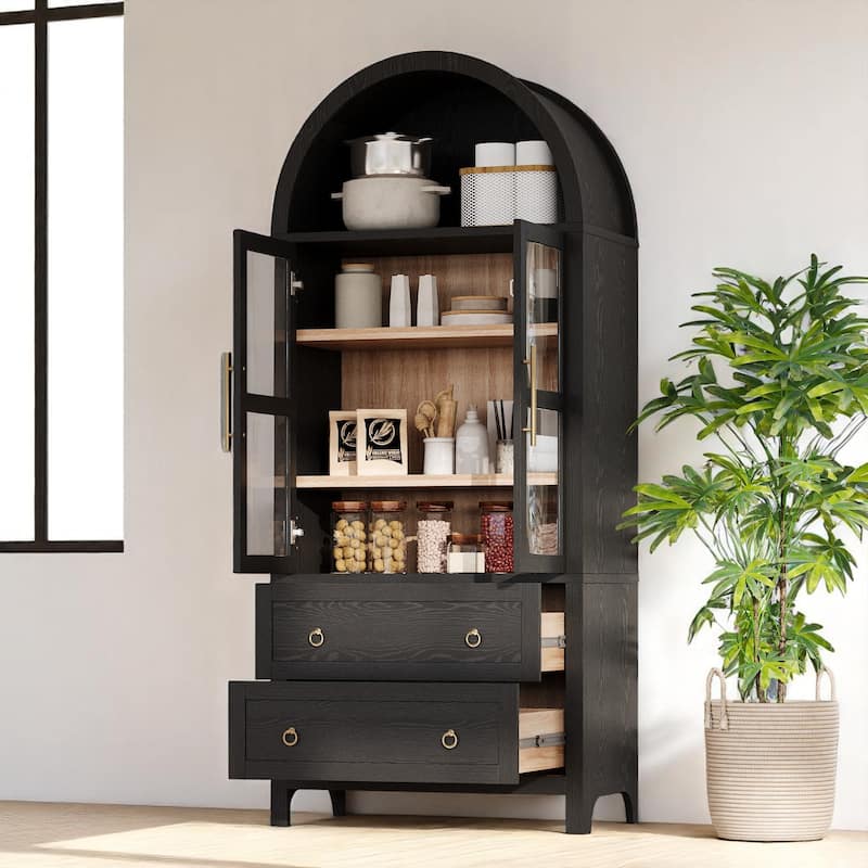 Farmhouse 71" Tall Arched Pantry Cabinet with 2 Drawers, Glass Door, Adjustable Shelves for Kitchen or Dining