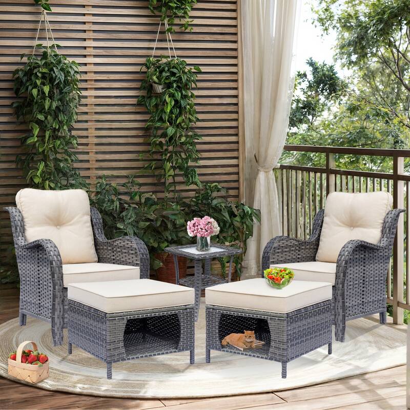 Outdoor Patio Furniture-Gray Wicker Armchair with Storage Ottoman Sets - 5 Piece - Beige