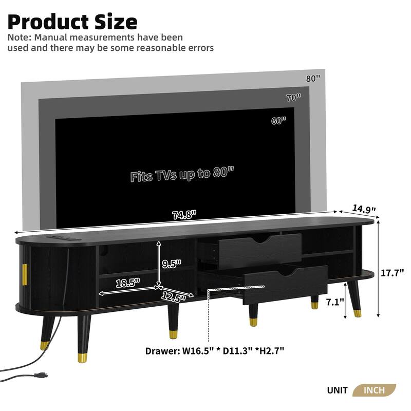 Roomfitters Mid-Century TV Stand with Oval Fluted Design and Charging Station, Farmhouse Media Console for TV up to 80"
