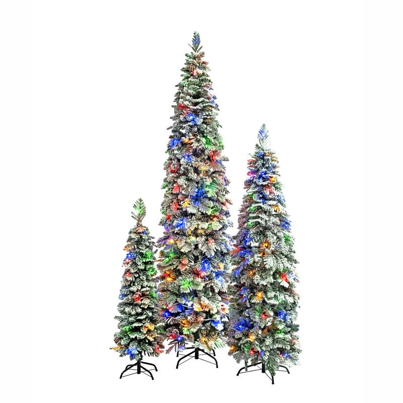 8FT, 6FT, 4FT Pre-Lit Pencil Christmas Trees, Set of 3 Flocked Fir Slim Christmas Trees, 290 LED Lights with 11 Lighting Modes