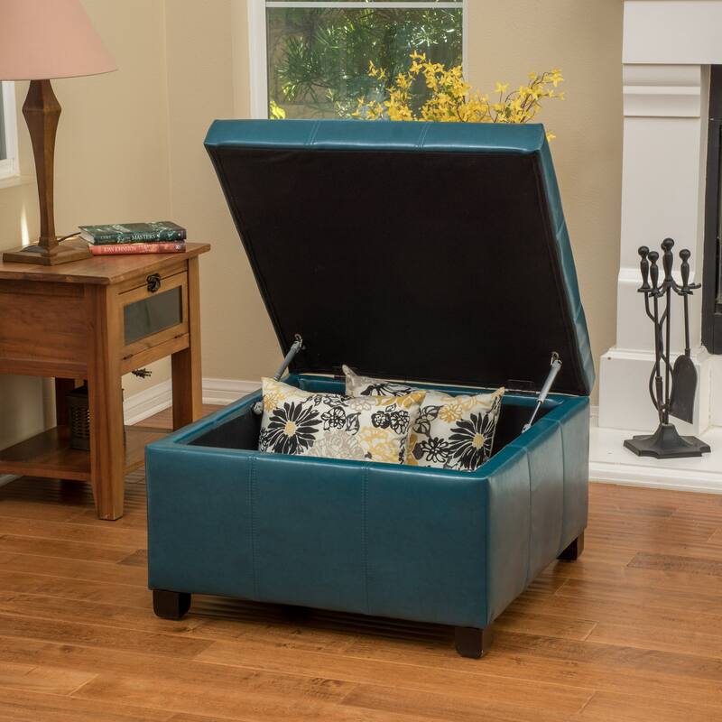 Roomfitters Upholstered Storage Ottoman Bench, Square Faux Leather Ottoman Coffee Table with Tray and Hinged Lid