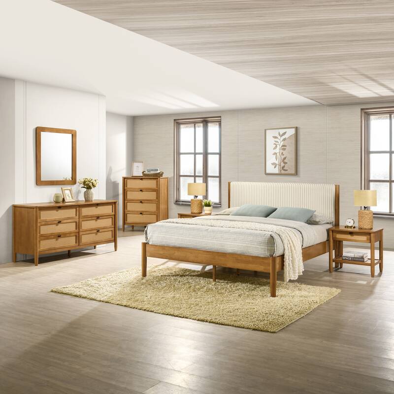 Roundhill Furniture Vichy 6-Piece Rattan Bedroom Set with Upholstered Queen Bed, Dresser, Mirror, 2 Nightstands, and Chest