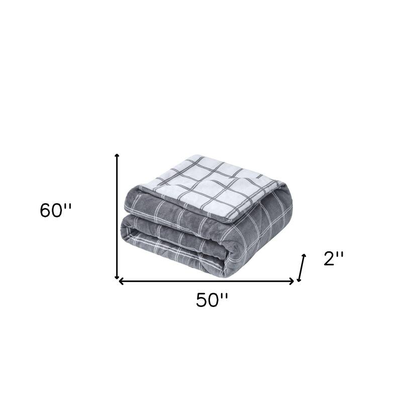 HomeRoots 50" X 60" Gray and White Velvet Quilted Plaid Plush Throw Blanket