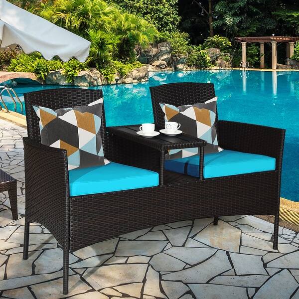 slide 2 of 21, Costway Patio Rattan Conversation Set Loveseat Sofa Cushioned Coffee - See Details Brown/Turquoise