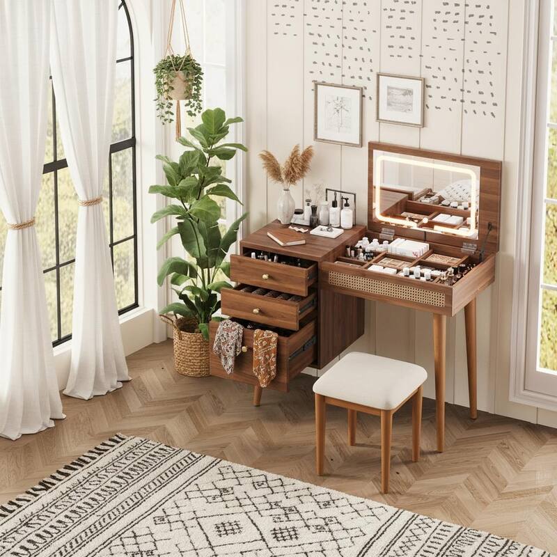 Merax Retro Rattan Flip-Top Vanity Desk with LED Mirror, 10-Compartment Storage & Cushioned Stool