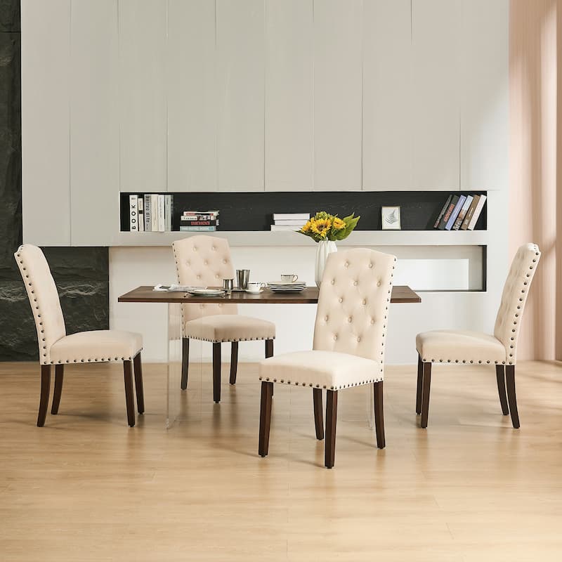 Fabric Upholstered Tufted Dining Chairs with Nailhead Trim Set of 4 - Beige