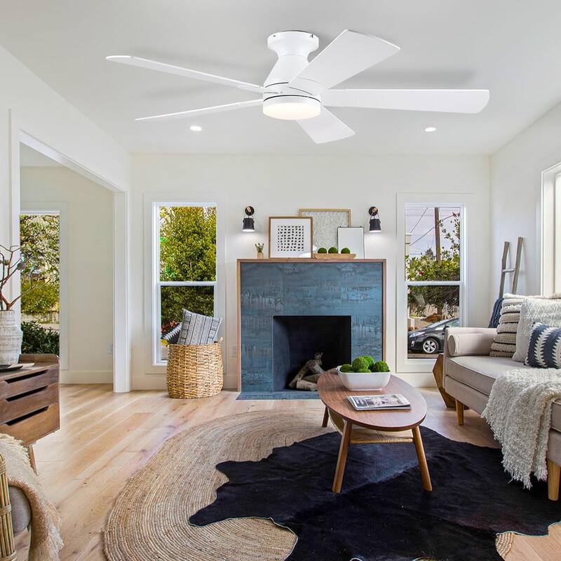 52 Inch Flush Mount Ceiling Fan with Light and Remote 5 Plywood Blades for Living Room Bedroom Patio - 52 Inches