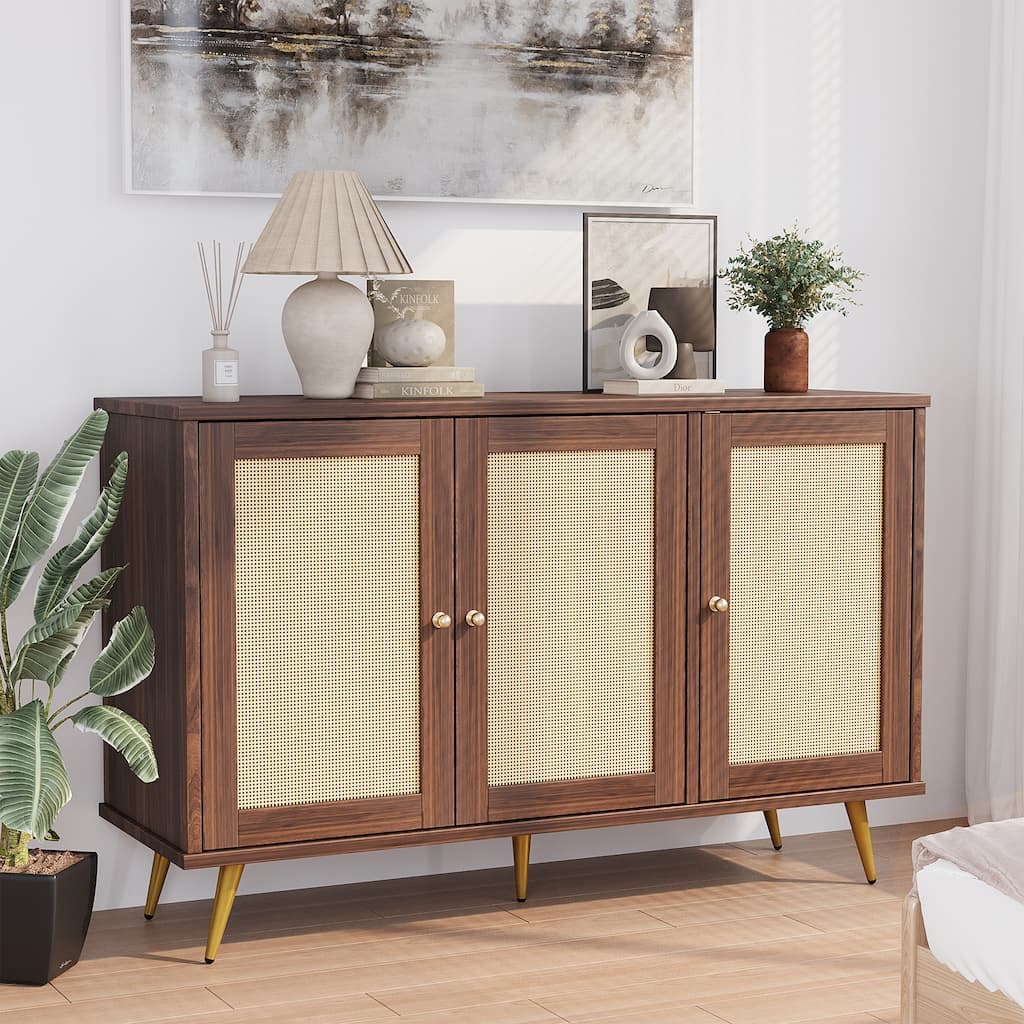 Rattan Doors Buffet Sideboard, Farmhouse Storage Cabinet - N/A
