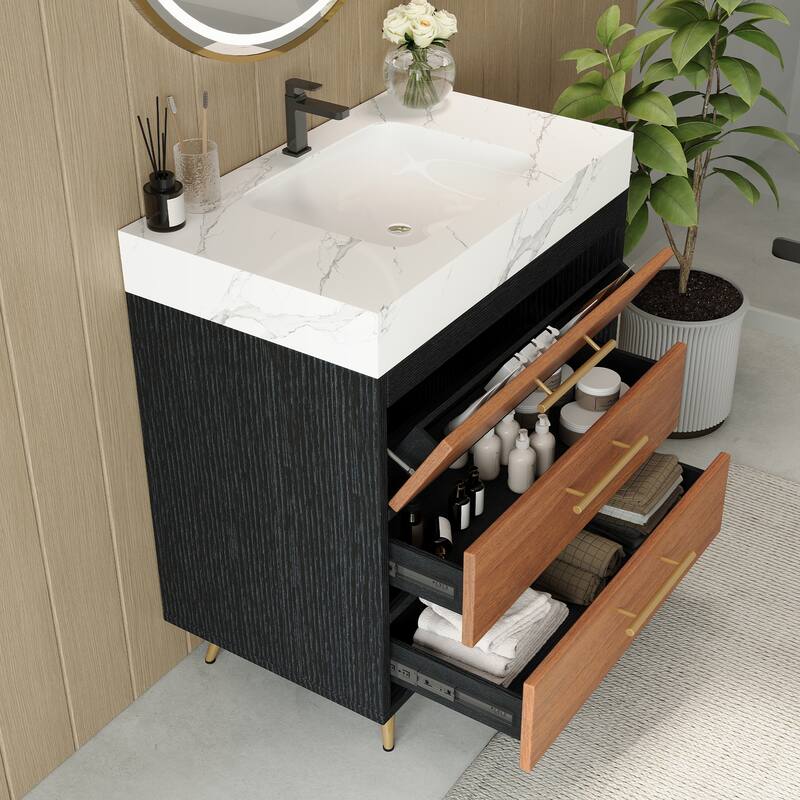 GDFStudio - Athens Modern 29.9" Freestanding Bathroom Vanity with Sintered Stone Top, Ceramic Vessel Sink & Stainless Steel Legs