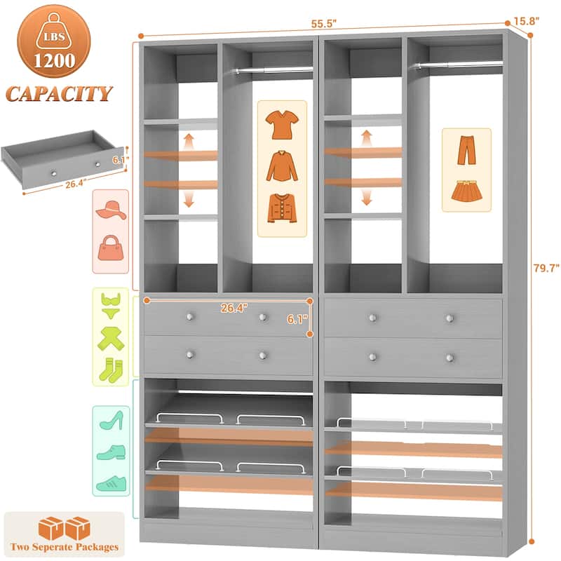 27.7'' Closet Organizer with Shoe Racks and Drawers, Closet System with Hanging Rod and Adjustable Shelves