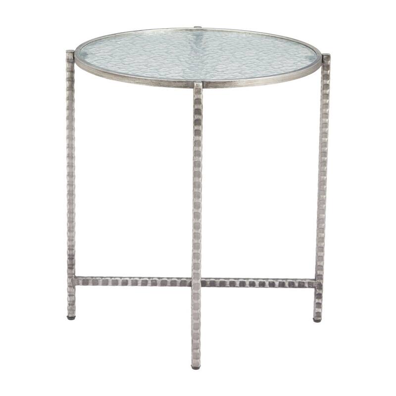 HomeRoots 22" Clear and Silver Glass and Distressed Steel Round End Table - 21.00 in. x 22.00 in. x 21.00 in.