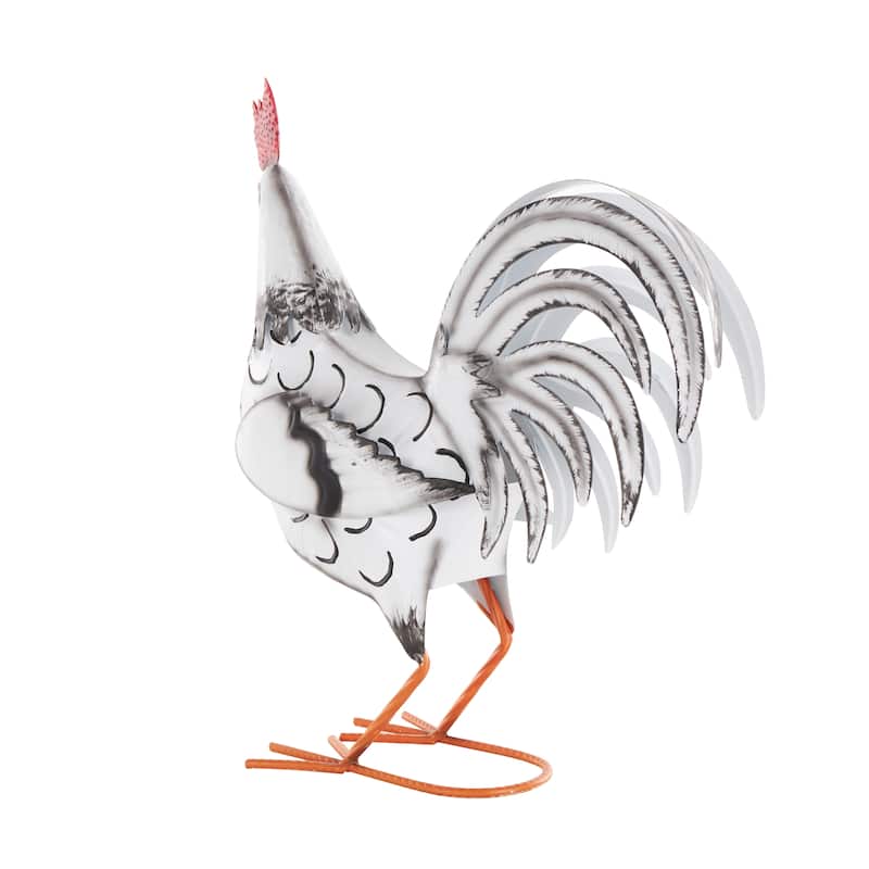 White Metal Rooster Garden Sculpture with Black Texturing and Red Accents