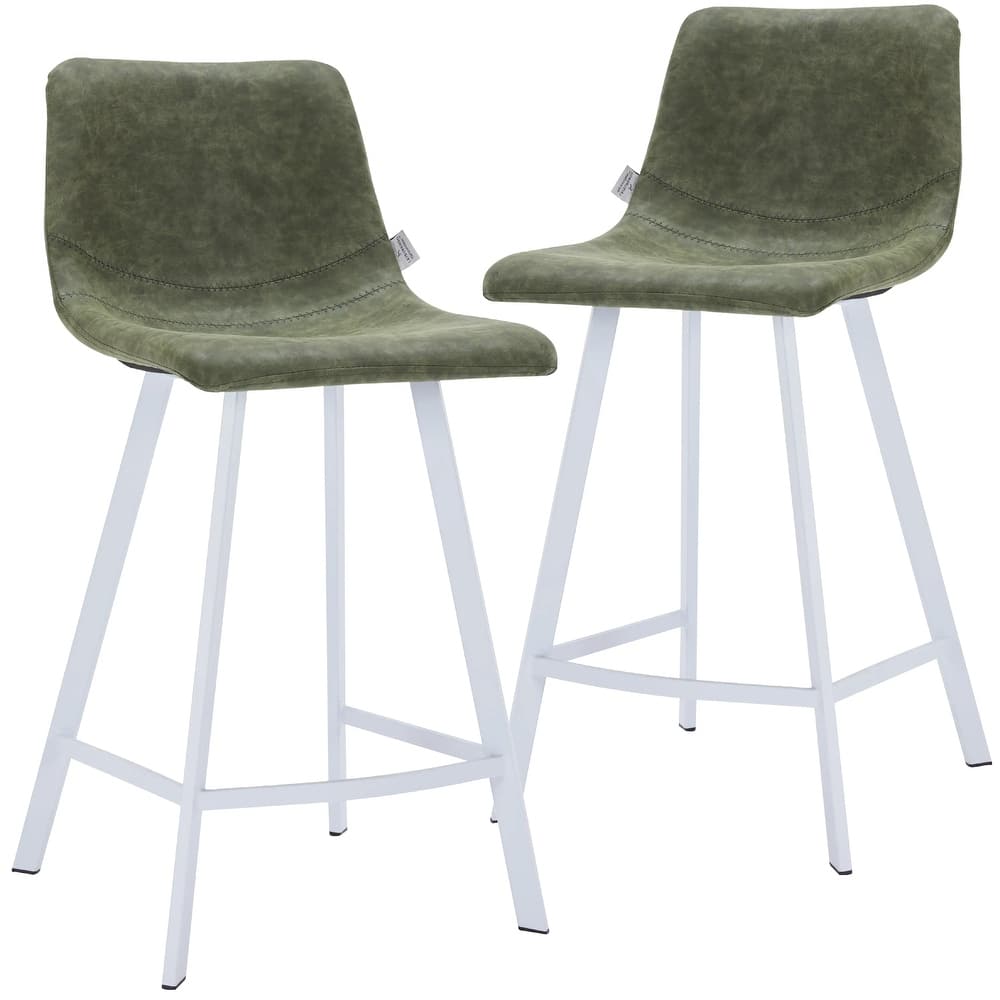Elland Mid-Century Modern Leather Counter Stools (Set of 2) - Minimalist Monochrome Design with White Stainless Steel legs