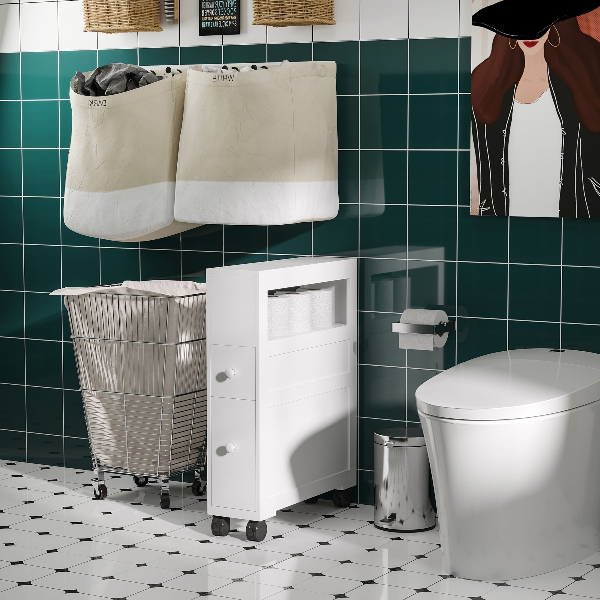 Wood Rolling Narrow Bathroom Side Storage Cabinet
