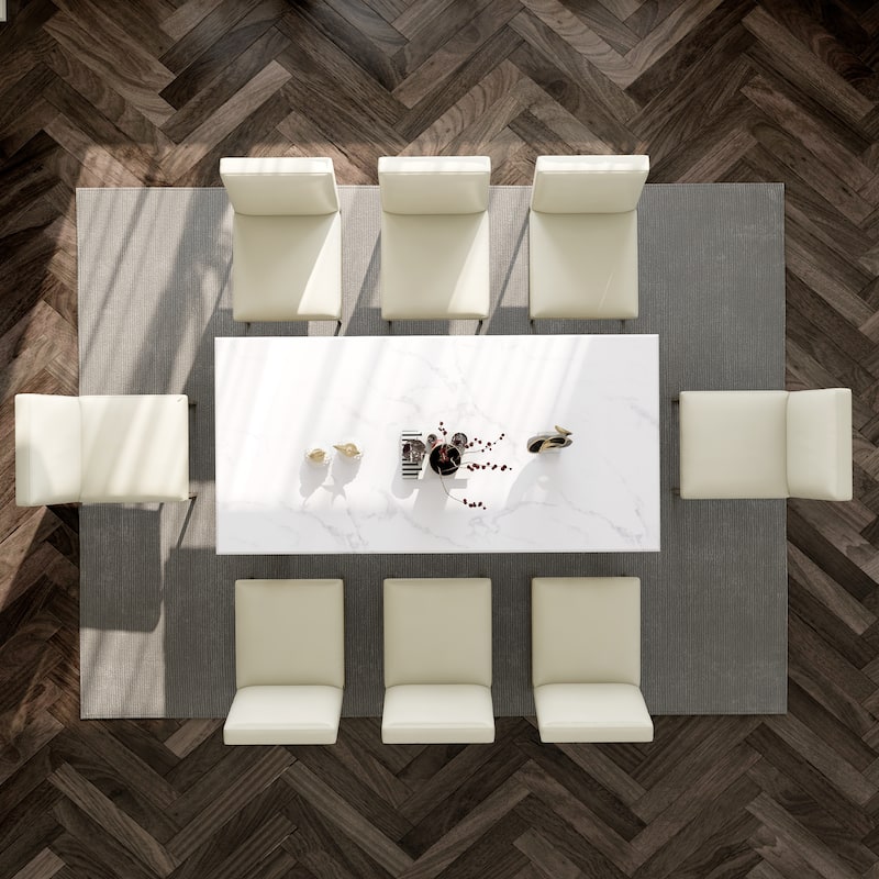 White and Gold Dining Room Table Set with 72 inch Table and White PU Leather Dining Chairs