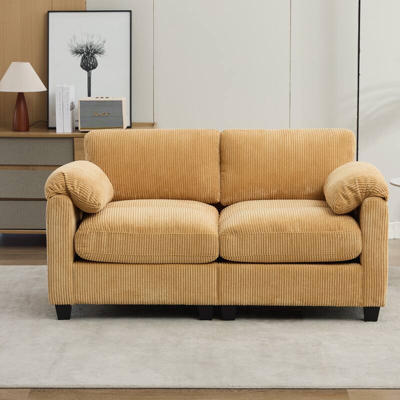 Multi-Seater Corduroy Sectional Sofa, Modular Settee, Included Removable Ottomans - Loveseats - Mineral Yellow