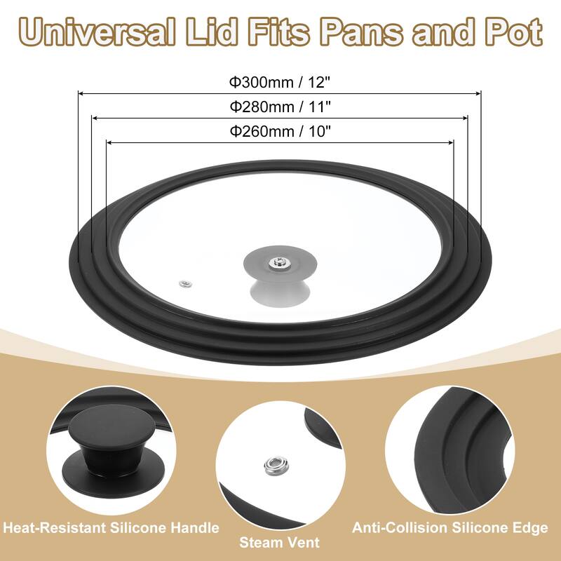 1 Pcs Universal Lid for Pot Pans Cookware - Black - Fit 10, 11, 12 Inch