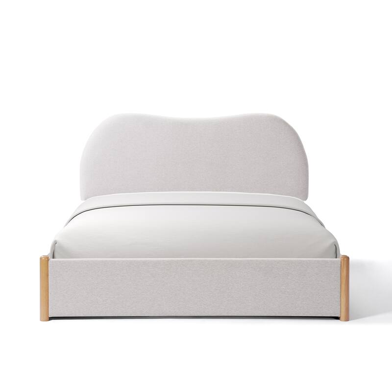 Ivory Linen Upholstered Platform Bed Frame with Wavy Headboard/Solid Wood Frame and Legs/Wooden Slat Support/Easy Assembly/Queen