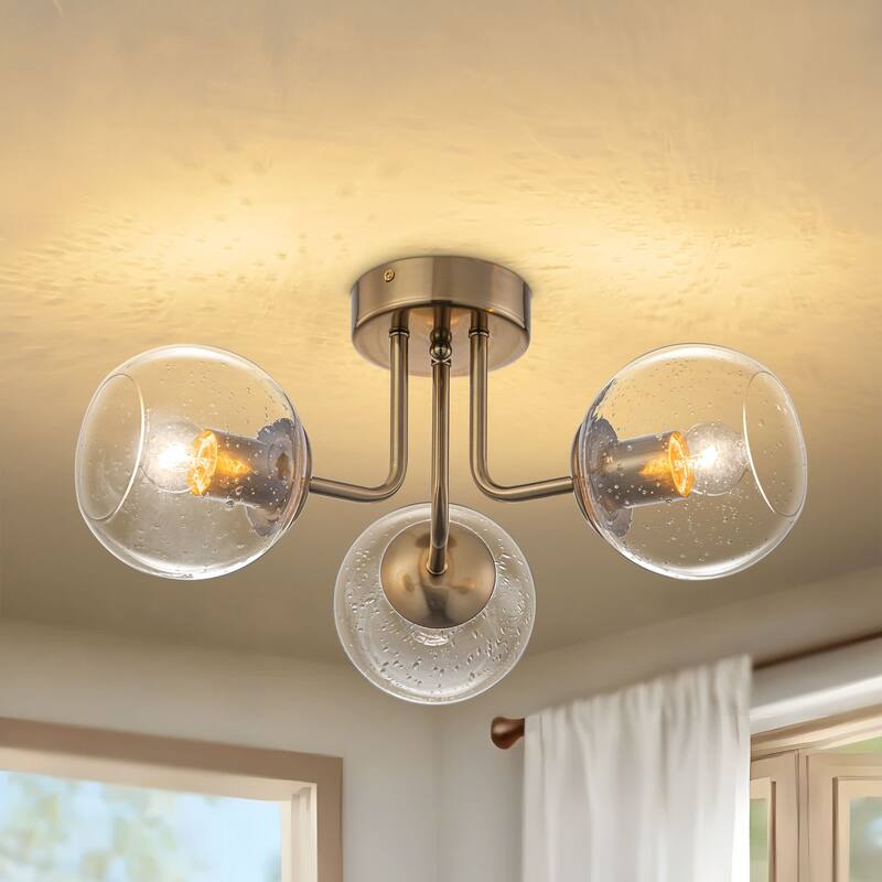 Starsky 3-Light Modern Sputnik Seeded Glass Globes Semi Flush Mount Ceiling Light - Gold