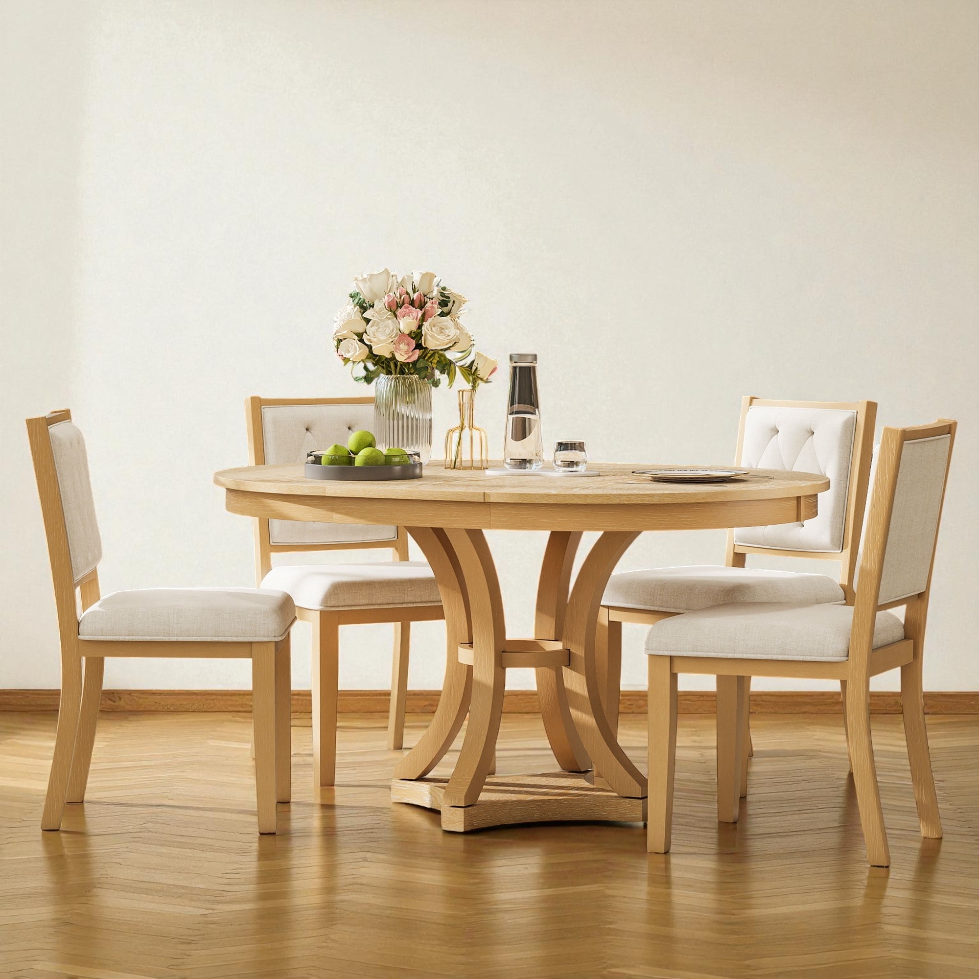 5-Piece Retro Extendable Round Dining Table Set, 42"-58" Wood Table with 4 Upholstered Chairs for Dining Room