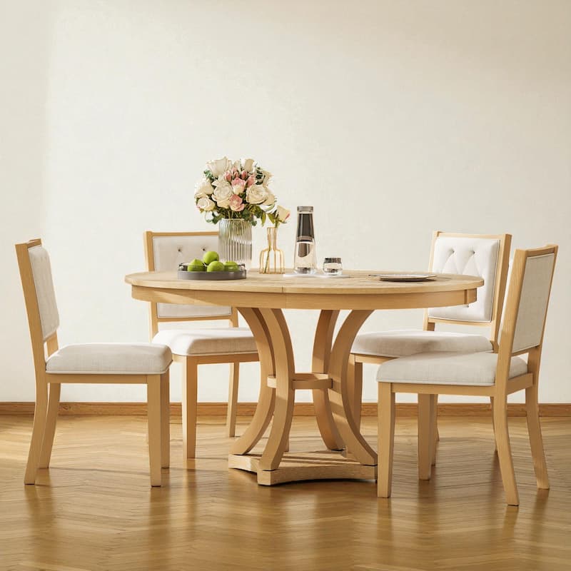 5-Piece Retro Extendable Round Dining Table Set, 42"-58" Wood Table with 4 Upholstered Chairs for Dining Room - Natural