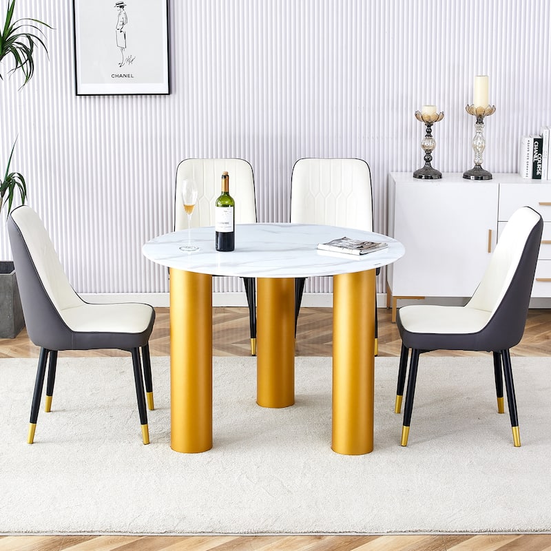 Roomfitters Round Dining Table with Faux Marble Glass Top and Golden MDF Legs for Kitchen or Living Room, White