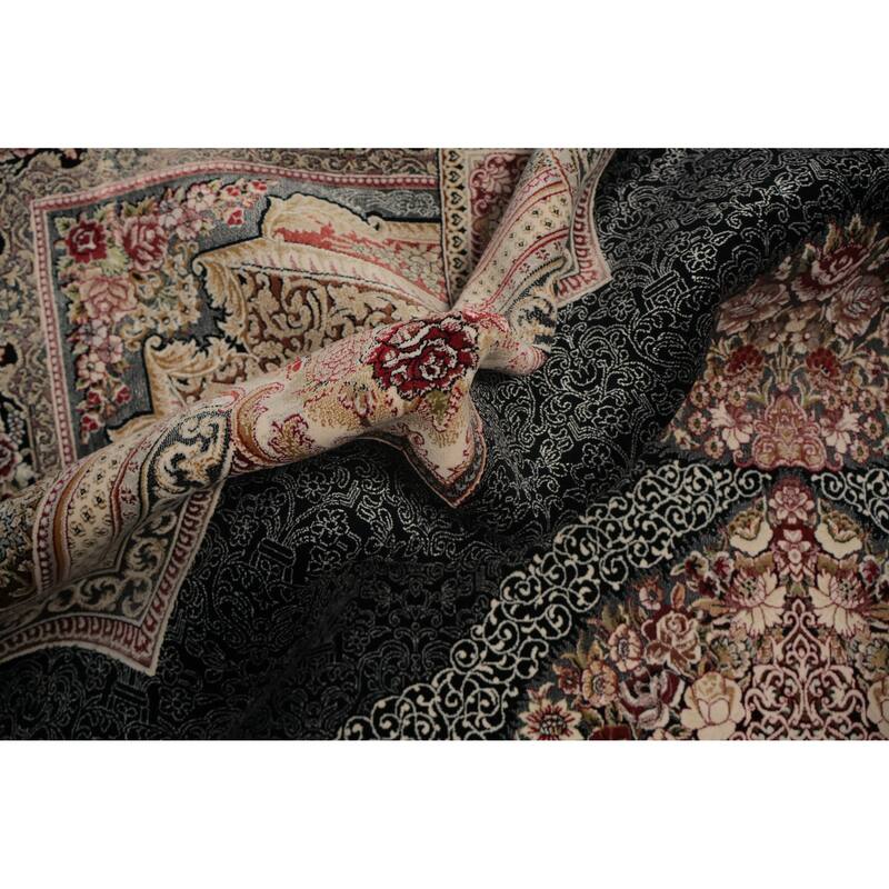 Machine Made Oriental 90% Silk - 10% Polyester Carpet Traditional Medallion Navy Blue & Blues Qum Area Rug - 9' 10'' X 6' 6''