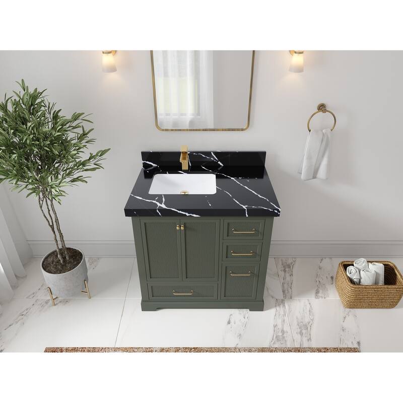 Willow Collections 36 in. W x 22 in. D Alys Left Offset Sink Bathroom Vanity with Countertop - 2"Calacatta Black - Pewtergreen