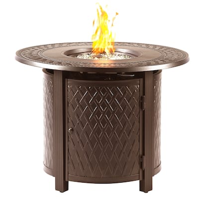 Round 34 in. x 34 in. Aluminum Propane Fire Pit Table with Glass Beads, Two Covers, Lid, 37,000 BTUs - N/A