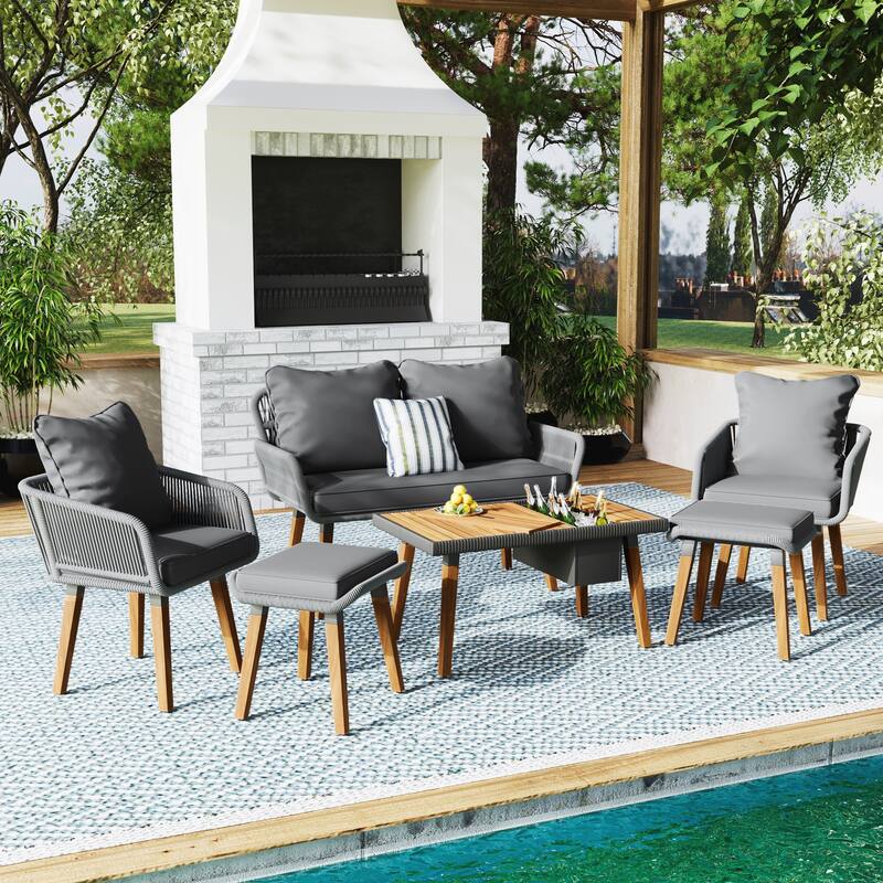 6 Piece Outdoor Woven Rope Furniture Set Deep Seat Patio Conversation Sofa Set, Acacia Wood Cool Bar Table with Ice Bucket